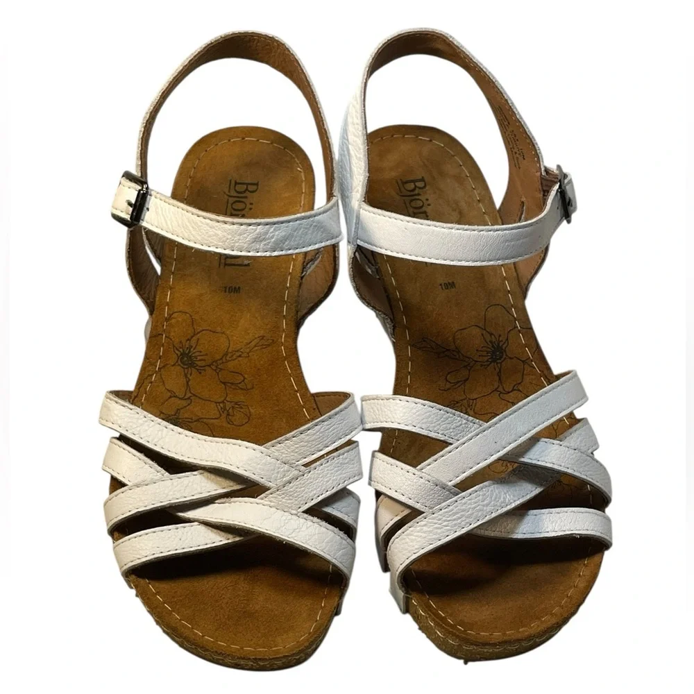 Bjorndal Lily White Leather Strap Ankle Buckle Wedge Sandals Womens Size 10M